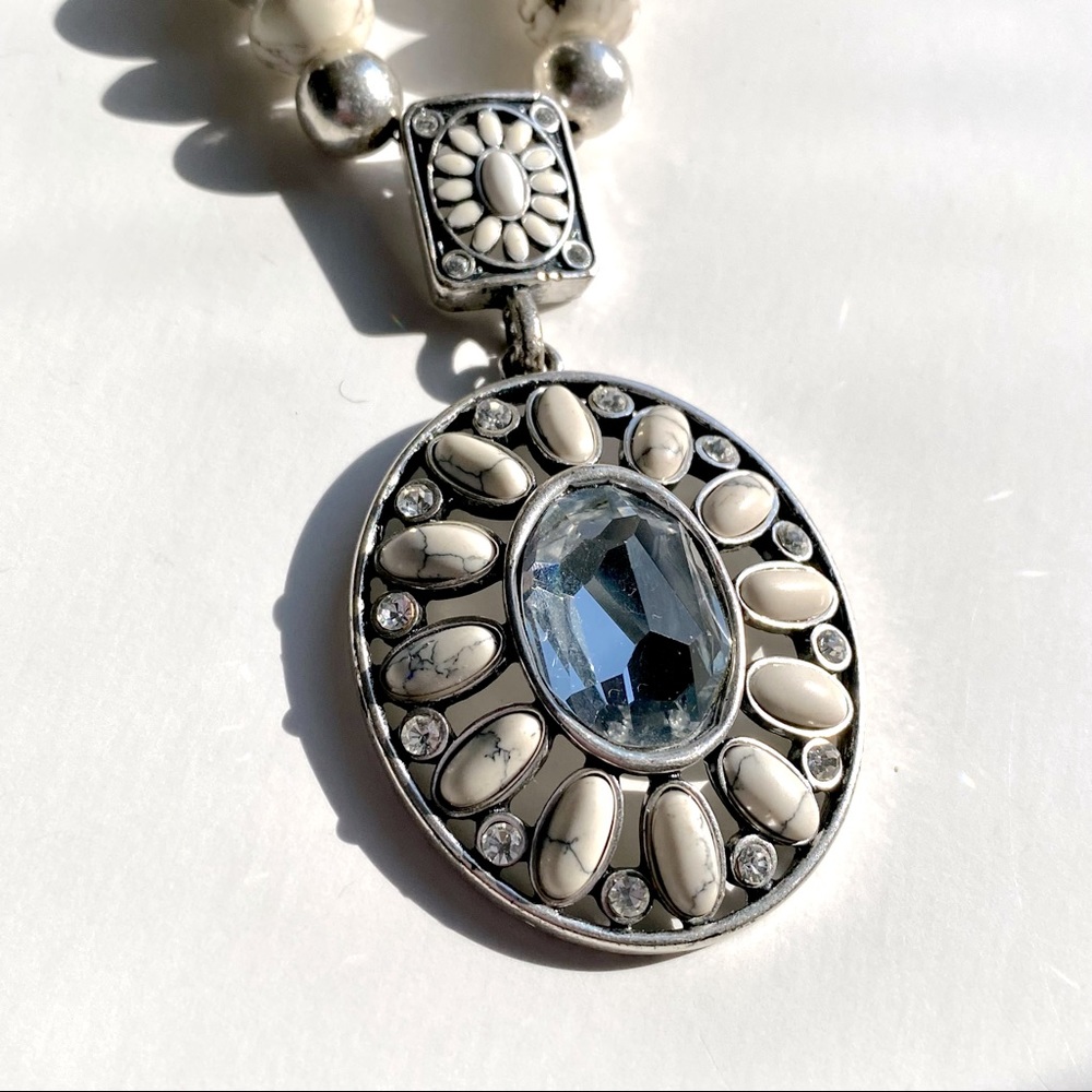 Arts and Crafts (A&C) Silver, Glass and White Natural Stone Statement Necklace